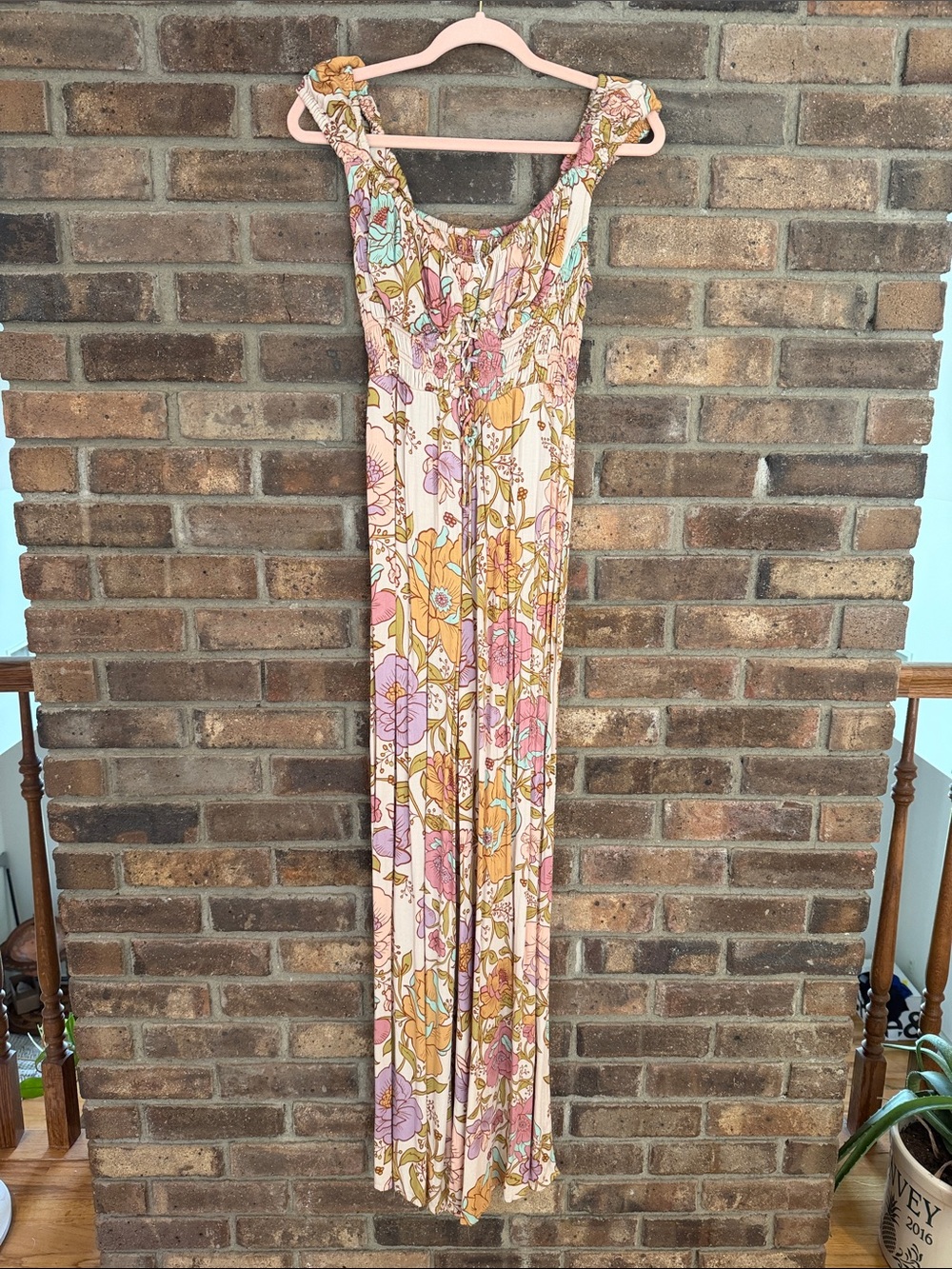Free People Floral Smocked Wide-Leg Jumpsuit — Pink, Mustard & Cream